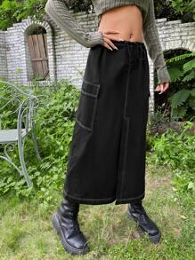 ROMWE PUNK Grunge Top-stitching Flap Pocket Side Drawstring Waist Skirt - Black - View 5