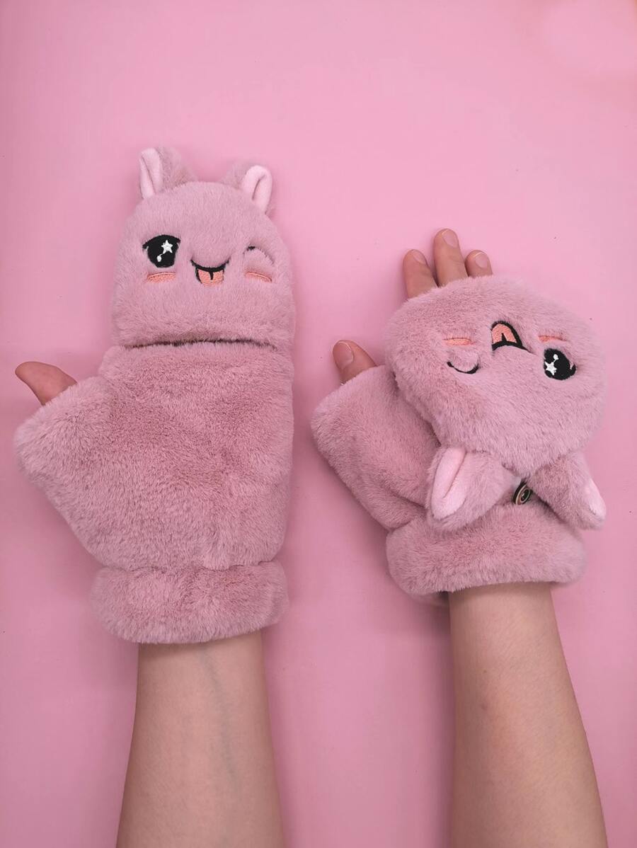 Girls Cartoon Embroidered Gloves - Pink - View 1