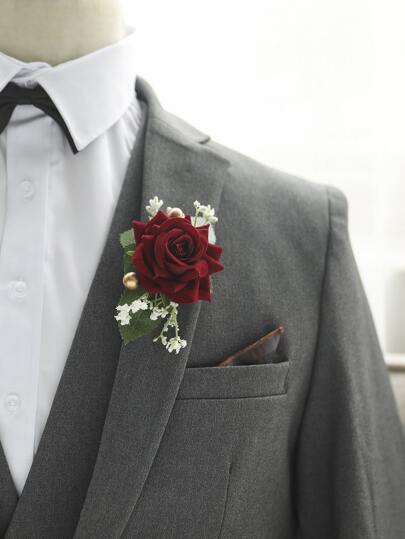 1pc Romantic Rose Flower With Gypsophila Artificial Green Plant Corsage, Suitable For Groom, Bride, Wedding, Engagement, Prom, Party Decoration