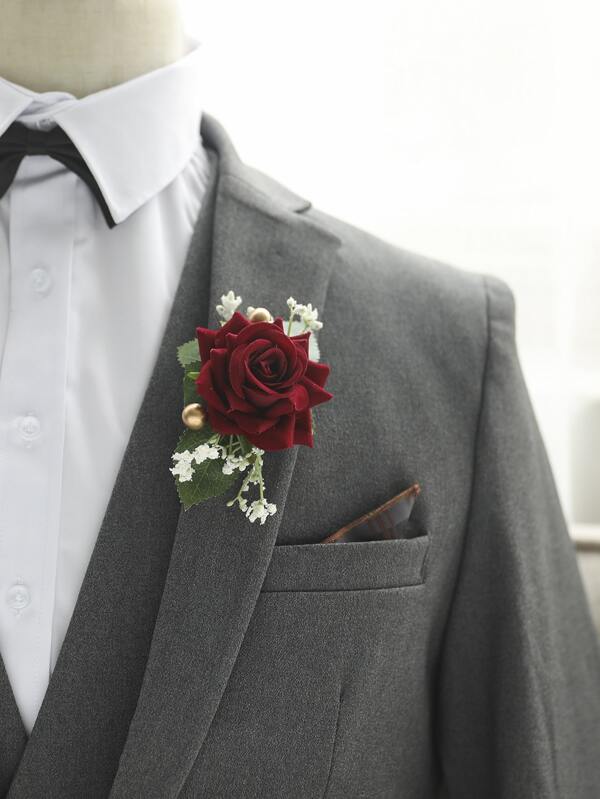 1pc Romantic Rose Flower With Gypsophila Artificial Green Plant Corsage, Suitable For Groom, Bride, Wedding, Engagement, Prom, Party Decoration