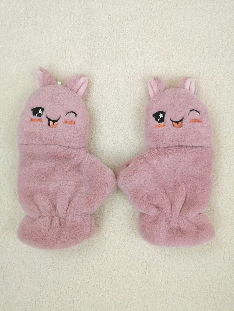 Girls Cartoon Embroidered Gloves - Pink - View 3