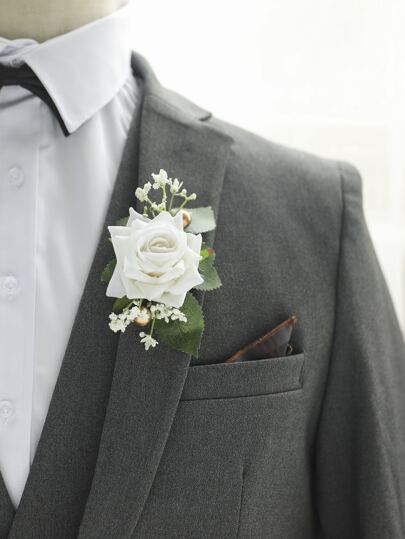 1pc Romantic Rose Flower With Gypsophila Artificial Green Plant Corsage, Suitable For Groom, Bride, Wedding, Engagement, Prom, Party Decoration Valentine's Day Accessories