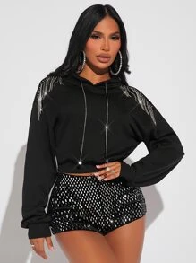 SHEIN SXY Rhinestone Fringe Trim Drop Shoulder Drawstring Crop Hoodie - Black - View 1