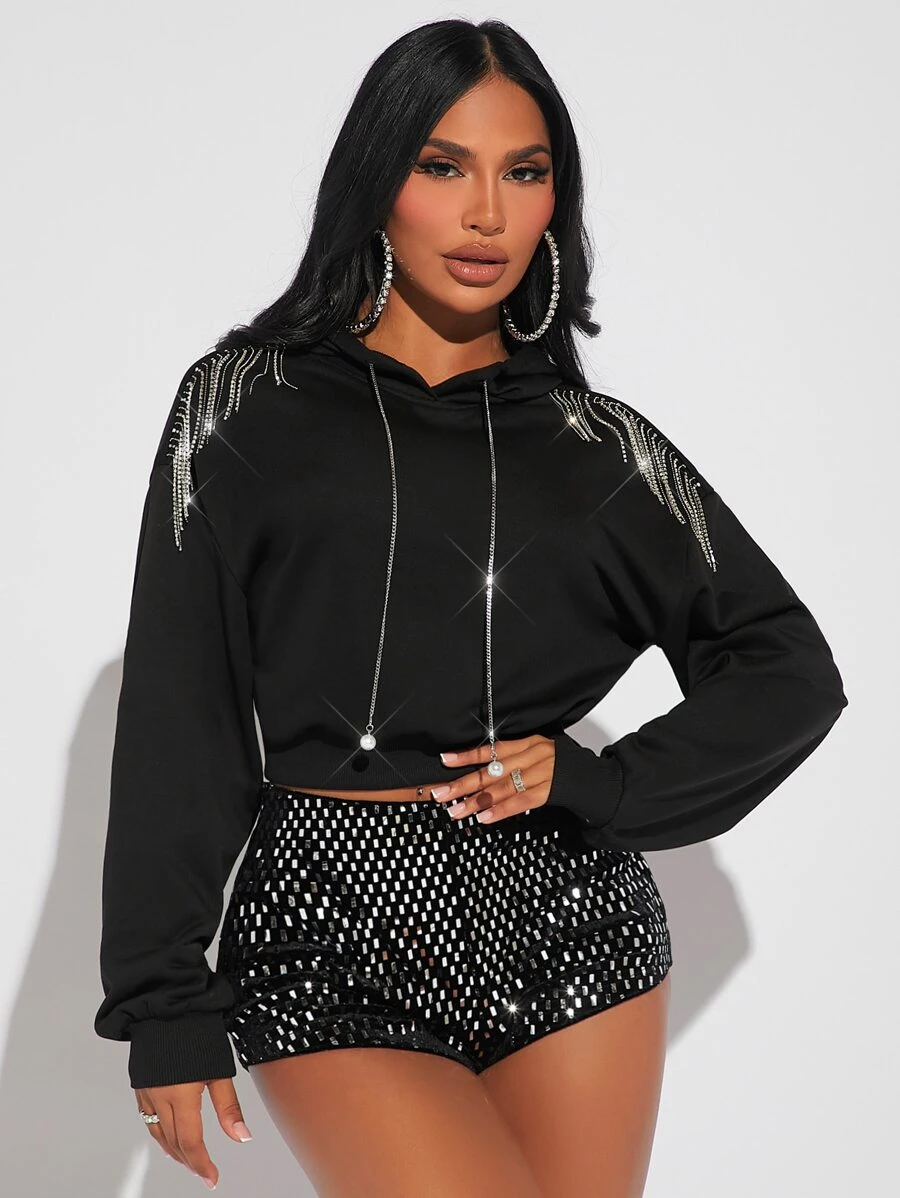 SHEIN SXY Rhinestone Fringe Trim Drop Shoulder Drawstring Crop Hoodie - Black - View 1