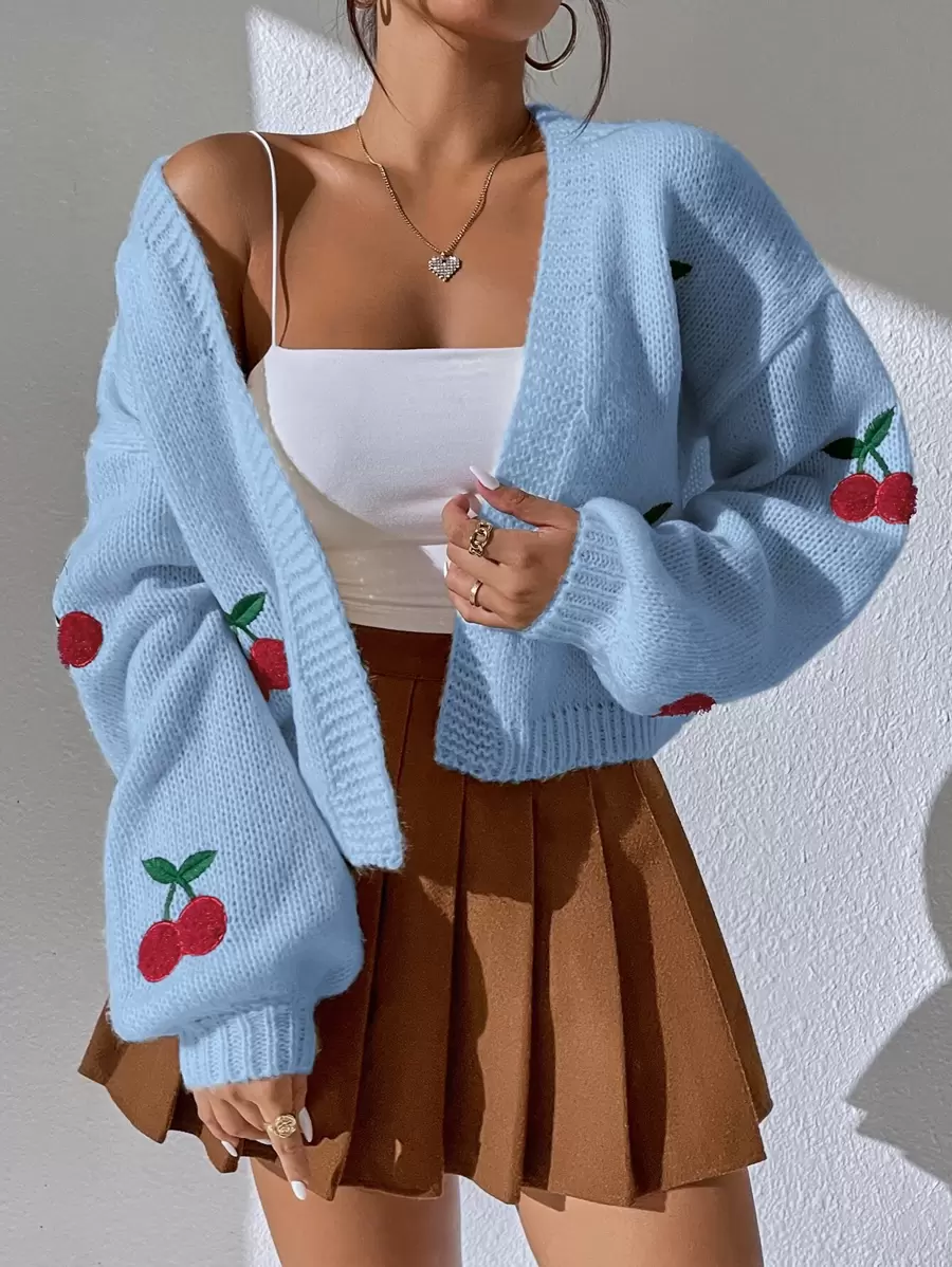 SHEIN Unity Cherry Embroidery Lantern Sleeve Cardigan Fall Winter Cloth For Women - Baby Blue - View 1
