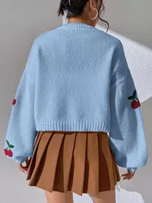 SHEIN Unity Cherry Embroidery Lantern Sleeve Cardigan Fall Winter Cloth For Women - Baby Blue - View 2