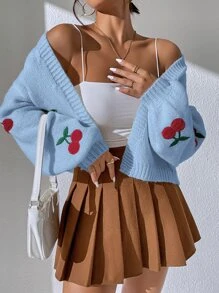 SHEIN Unity Cherry Embroidery Lantern Sleeve Cardigan Fall Winter Cloth For Women - Baby Blue - View 3
