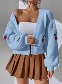 SHEIN Unity Cherry Embroidery Lantern Sleeve Cardigan Fall Winter Cloth For Women - Baby Blue - View 4