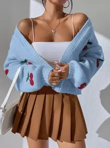 SHEIN Unity Cherry Embroidery Lantern Sleeve Cardigan Fall Winter Cloth For Women - Baby Blue - View 6