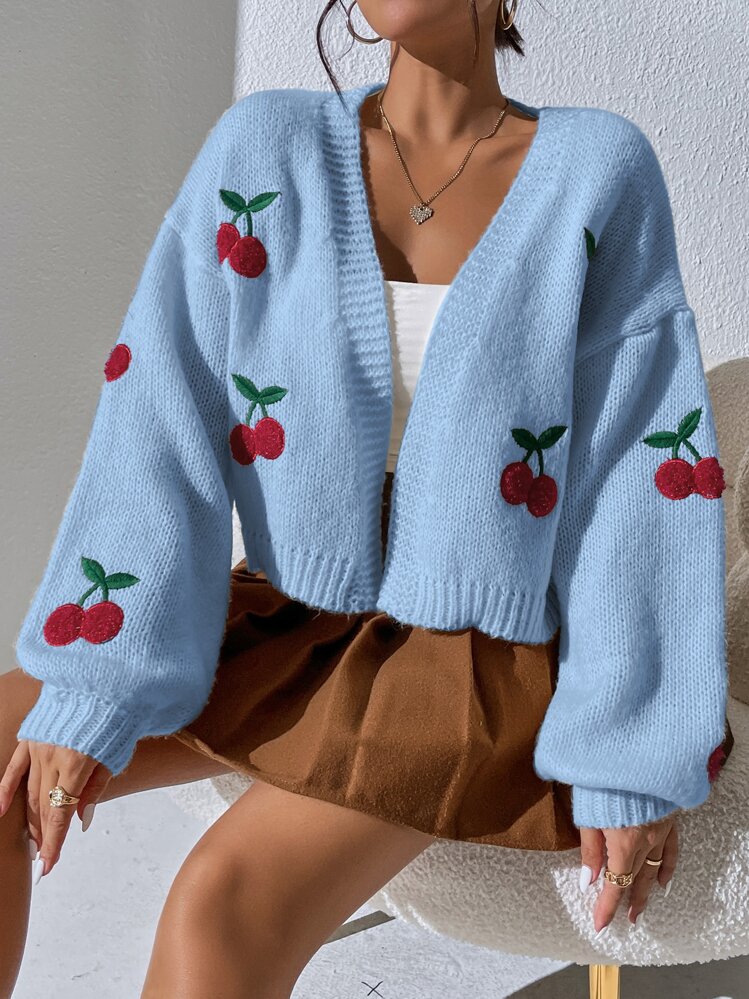 SHEIN Unity 櫻桃刺繡燈籠袖開襟衫 - 淺藍色 - 查看 7