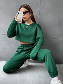 SHEIN Unity Bộ đồ hai mảnh nữ Túi màu trơn Giải trí - màu xanh lá - Xem 1