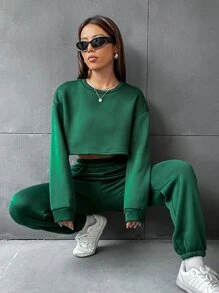 SHEIN Unity Bộ đồ hai mảnh nữ Túi màu trơn Giải trí - màu xanh lá - Xem 3