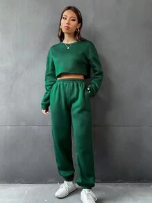 SHEIN Unity Bộ đồ hai mảnh nữ Túi màu trơn Giải trí - màu xanh lá - Xem 4