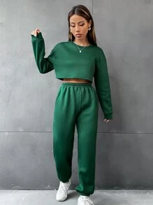 SHEIN Unity Bộ đồ hai mảnh nữ Túi màu trơn Giải trí - màu xanh lá - Xem 5