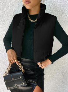 SHEIN Essnce Áo khoác nữ mùa đông Dây kéo màu trơn Giải trí - màu đen - Xem 1