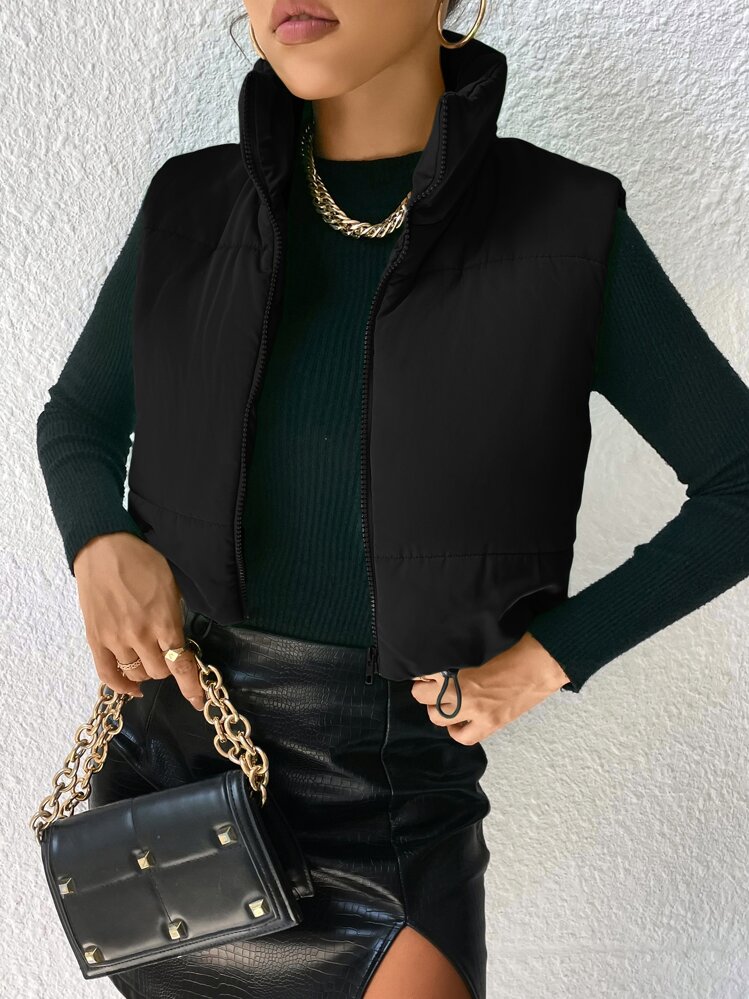 SHEIN Essnce Áo khoác nữ mùa đông Dây kéo màu trơn Giải trí - màu đen - Xem 1