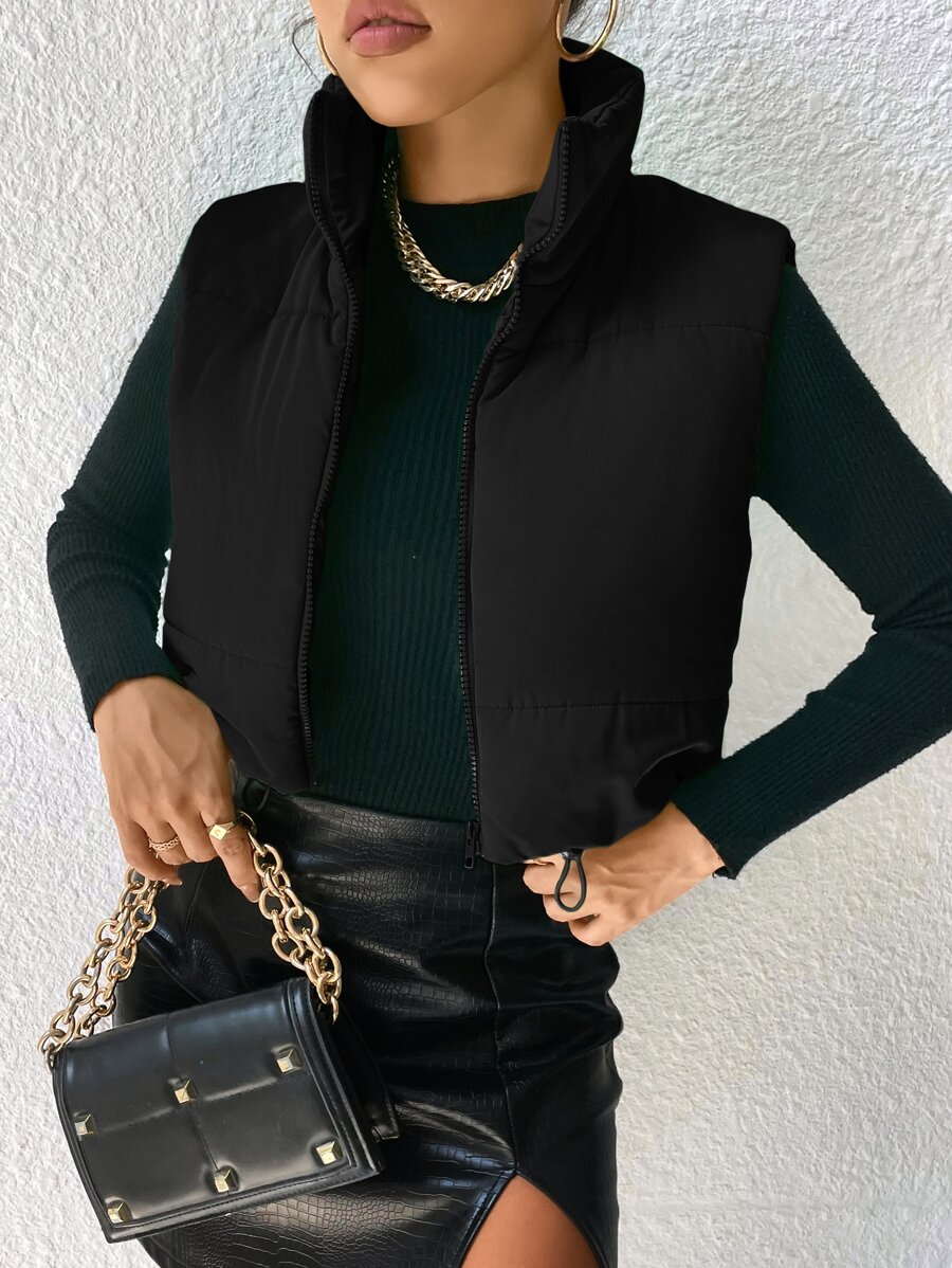 SHEIN Essnce Áo khoác nữ mùa đông Dây kéo màu trơn Giải trí - màu đen - Xem 1