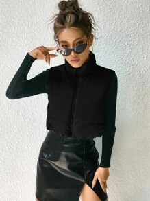 SHEIN Essnce Áo khoác nữ mùa đông Dây kéo màu trơn Giải trí - màu đen - Xem 6