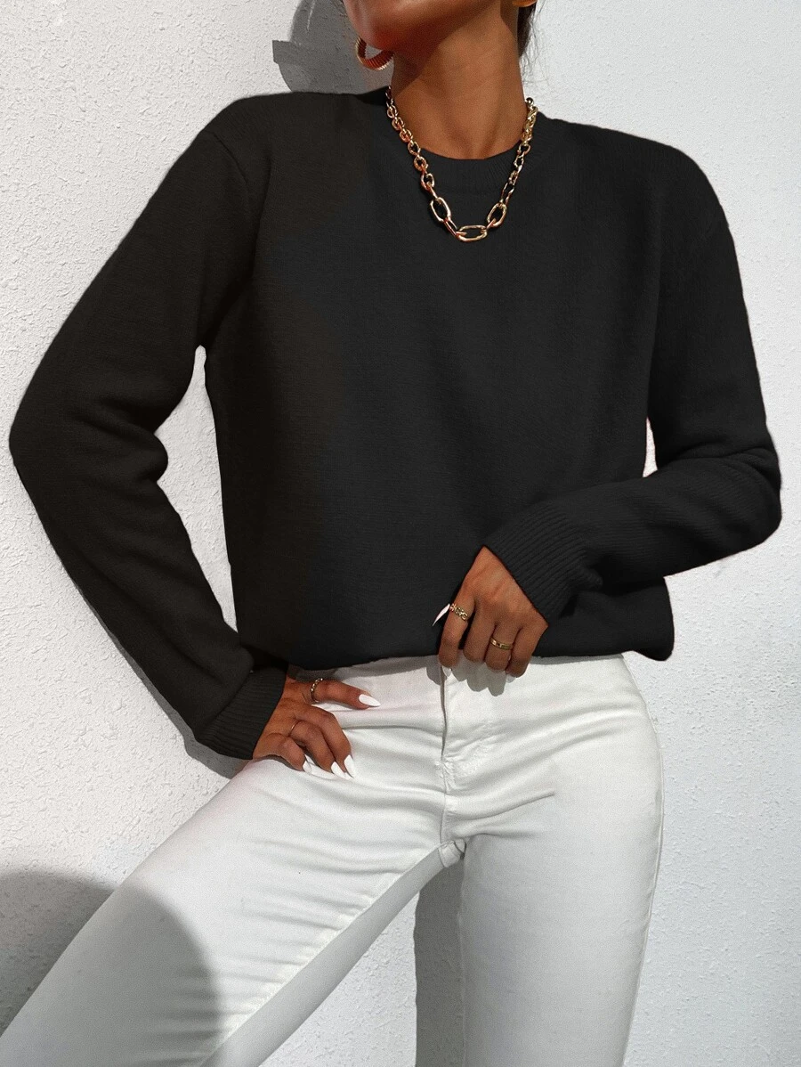 SHEIN LUNE Solid Crew Neck Jumper - Black - View 1