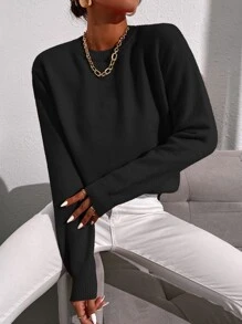 SHEIN LUNE Solid Crew Neck Jumper - Black - View 3