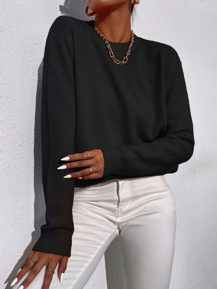 SHEIN LUNE Solid Crew Neck Sweater - Black - View 4