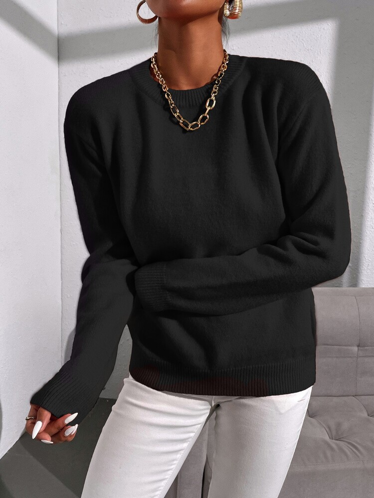 SHEIN LUNE Solid Crew Neck Sweater - Black - View 5