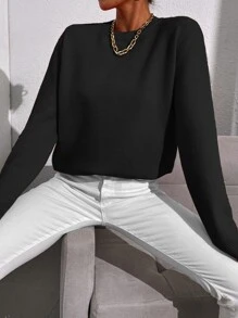 SHEIN LUNE Solid Crew Neck Jumper - Black - View 6