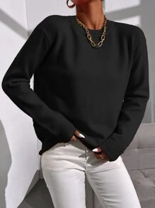 SHEIN LUNE Solid Crew Neck Jumper - Black - View 7