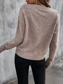 SHEIN LUNE Solid Drop Shoulder Sweater Knit Pullover Fall Winter Outfit - Khaki - View 2