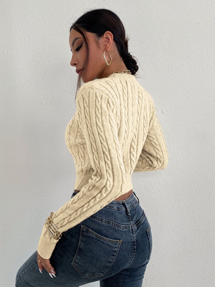 SHEIN Essnce Cable Knit Crop Sweater - Apricot - View 2