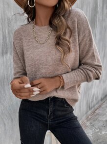 SHEIN LUNE Solid Drop Shoulder Sweater Knit Pullover Fall Winter Outfit - Khaki - View 3