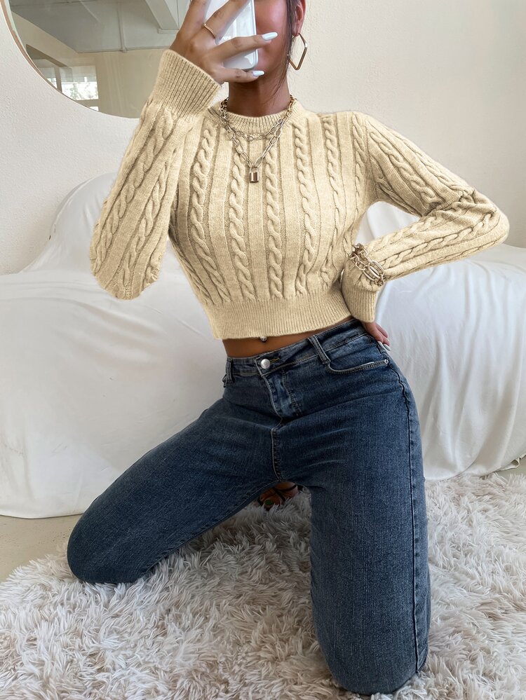 SHEIN Essnce Cable Knit Crop Sweater - Apricot - View 3