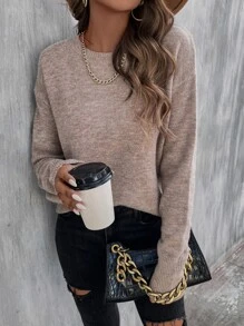 SHEIN LUNE Solid Drop Shoulder Sweater Knit Pullover Fall Winter Outfit - Khaki - View 4