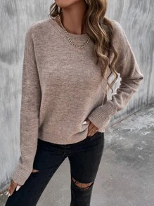 SHEIN LUNE Solid Drop Shoulder Sweater Knit Pullover Fall Winter Outfit - Khaki - View 5