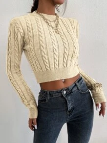 SHEIN Essnce Cable Knit Crop Jumper - Apricot - View 6