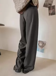 DAZY 休闲商务风格纯色宽松常规款裤子，女士正装裤 - 深灰色 - 查看 2