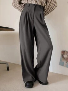 DAZY 休闲商务风格纯色宽松常规款裤子，女士正装裤 - 深灰色 - 查看 3