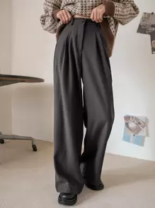 DAZY 休闲商务风格纯色宽松常规款裤子，女士正装裤 - 深灰色 - 查看 4