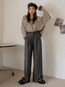 DAZY 休闲商务风格纯色宽松常规款裤子，女士正装裤 - 深灰色 - 查看 5