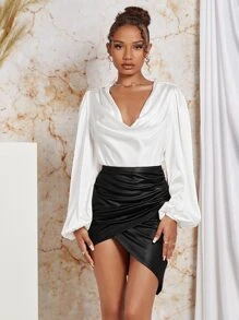 SHEIN BAE High Waist Ruched Wrap Hem PU Leather Skirt