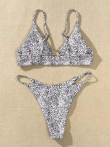 SHEIN Swim 夏季海灘連環達拉斯狗圖案比基尼套裝 - 黑與白 - 查看 2