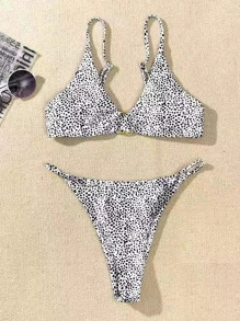 SHEIN Swim 夏季海灘連環達拉斯狗圖案比基尼套裝 - 黑與白 - 查看 6