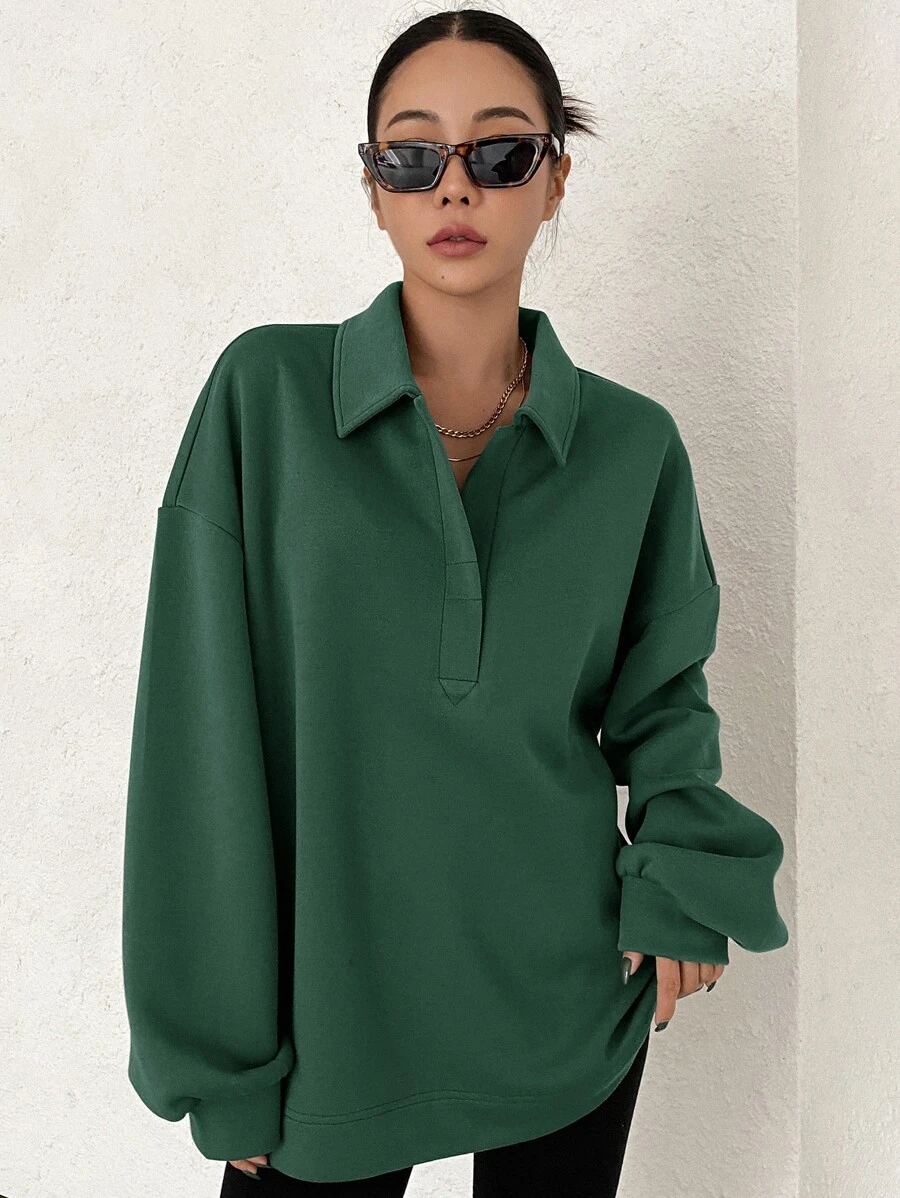 DAZY 落肩袖polo運動衫 - 墨綠色 - 查看 1