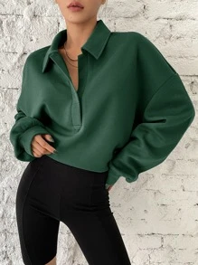 DAZY 落肩袖polo運動衫 - 墨綠色 - 查看 3