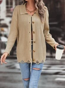 SHEIN Unity 落肩袖仿舊開襟衫 - 卡其色 - 查看 5