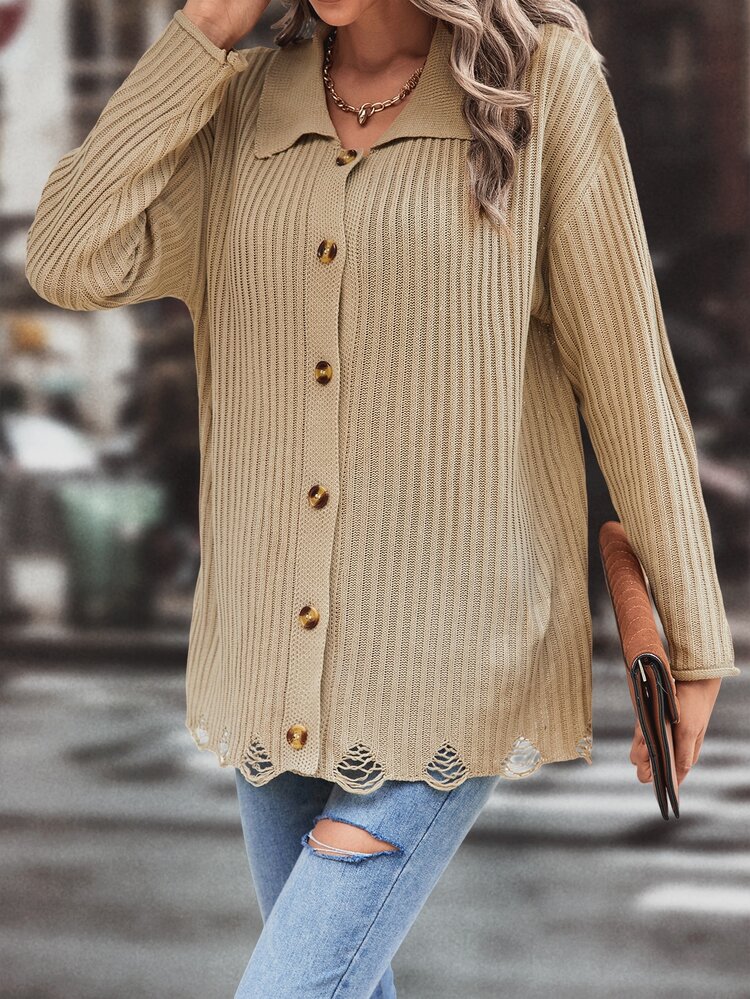 SHEIN Unity 落肩袖仿舊開襟衫 - 卡其色 - 查看 3