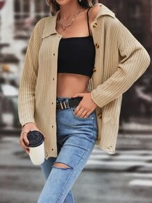 SHEIN Unity 落肩袖仿舊開襟衫 - 卡其色 - 查看 4