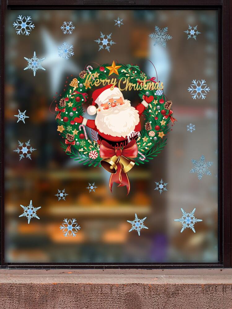 1pc Christmas Wreath & Santa Print Wall Sticker - Multicolor - View 2