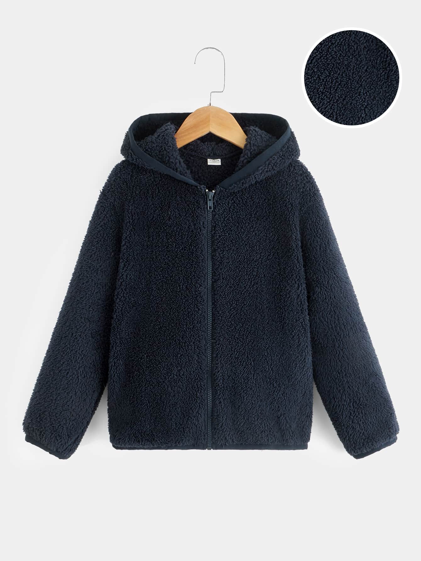 SHEIN Boys Zip Up Hooded Teddy Jacket - Navy Blue - View 1