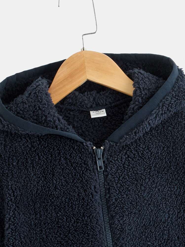 SHEIN Boys Zip Up Hooded Teddy Jacket - Navy Blue - View 3